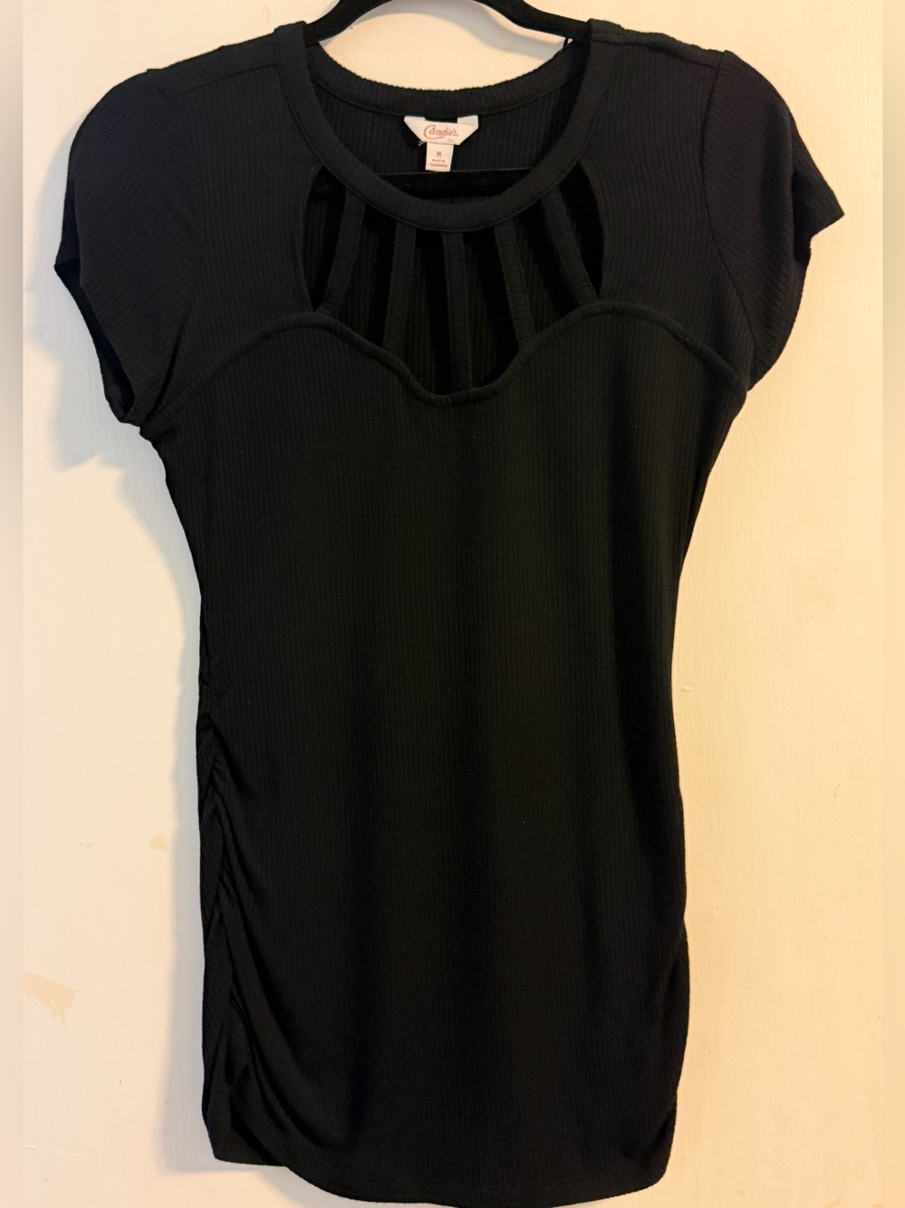Candie's -Black Ribbed Short Sleeve Top with Strappy Caged Cut-out Bust-line EUC